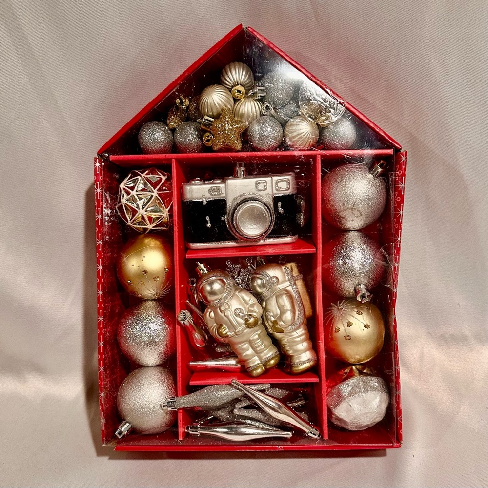 Vintage Style Silver and Gold Holiday Ornament Set Astronaut Spaceman Camera